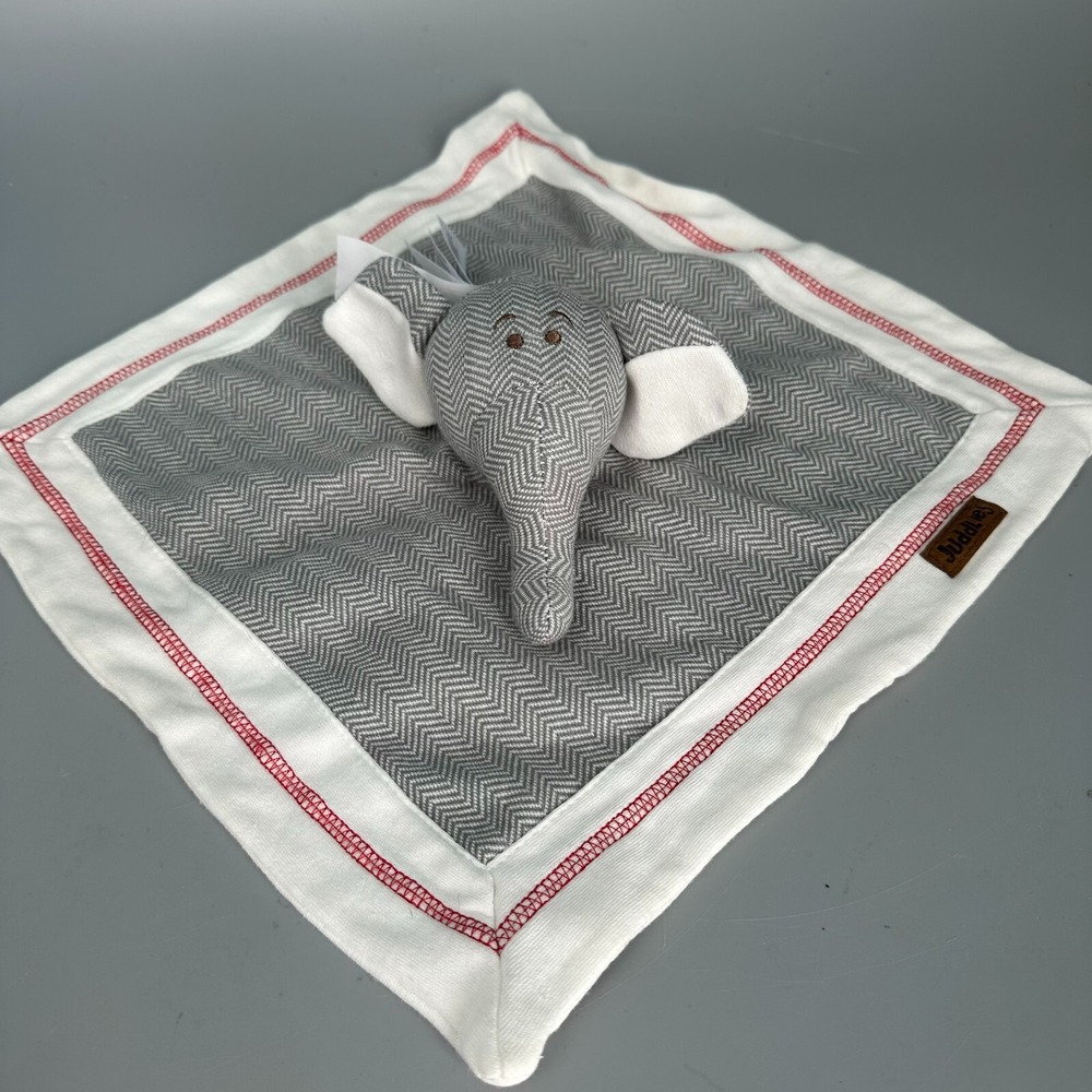 Juddlies Elephant Lovey Security Blanket Grey White Herringbone Red Stitching